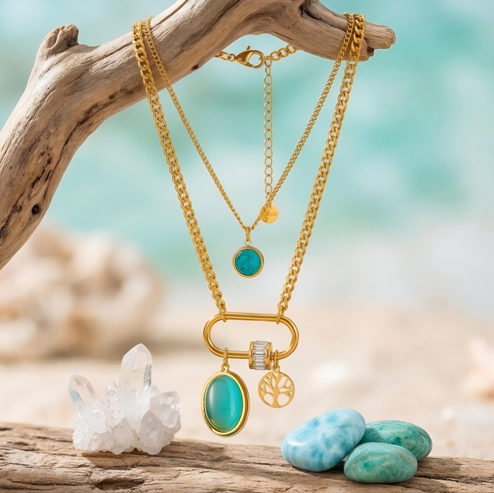 18K Gold Plated Layered Turquoise Crystal Tree Of Life Necklace Boho Chic Gift